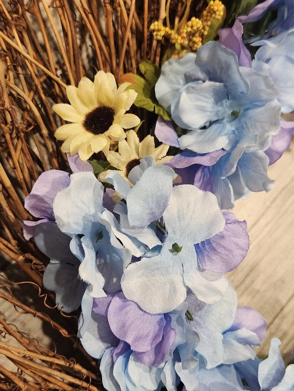 Handmade Summer Blue Hydrangea Grapevine Wreath Rustic Farmhouse Door Decor